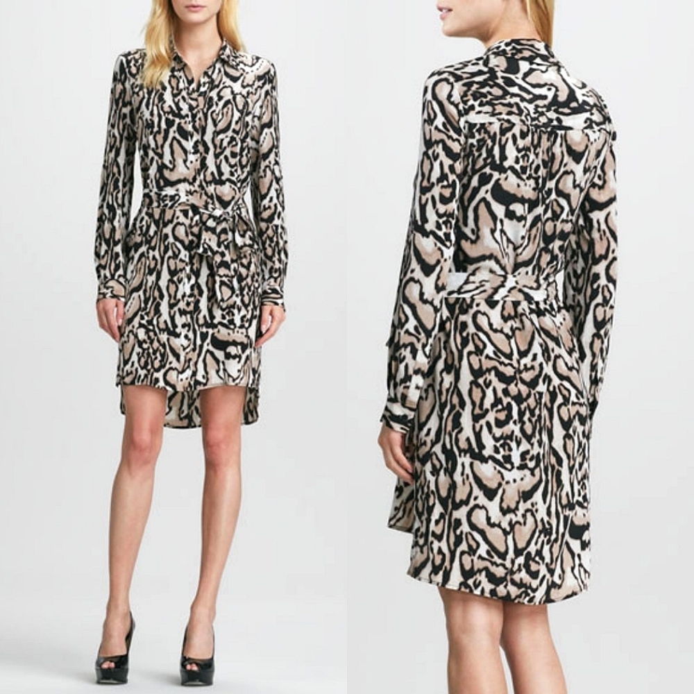 Diane Von Furstenberg Prita Tie-Waist 100% Silk Leopard-Print Shirtdress Size 10